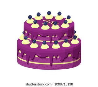 Big lilac pie with lot of blueberries on sweety buttercream vector illustration of huge pretty cake with tasty frosting isolated on white background