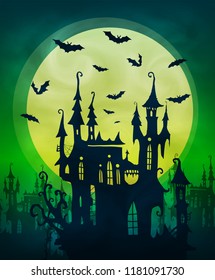 Big lime moon with dark scary castle and bats silhouettes on green background. Halloween poster vector backdrop.