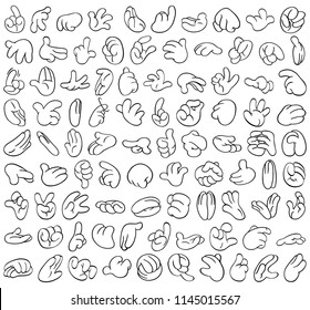 big line art set of cartoon hands in various gestures. Pack number 1.