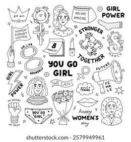 Big line doodle female solidarity sticker set with trendy badges of feminism movement and positive lettering. Lightning, lady characters, diversity, arms making circle, woman gender symbol isolated.