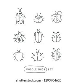 Big line hand drawn doodle set with insects and bugs.  Vector