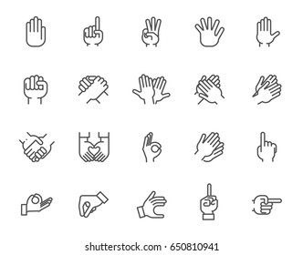 Big line icon set of human hands with different signs. 20 mono linear web graphic pictograms. Outline symbols of gesture arms. Business, friendship, love, language, pointer concept. Vector