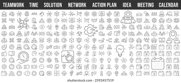 Big line icon set. Teamwork, network, meeting, solution, idea, innovation, calendar, time, action plan. Editable stroke