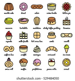 big line icon set of world best desserts and sweets