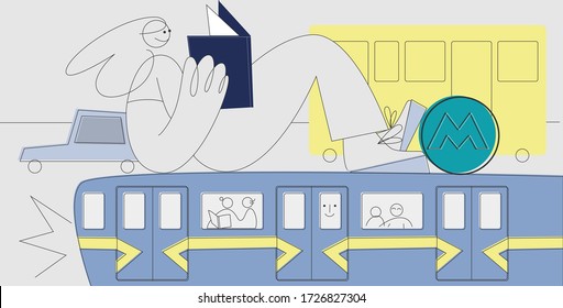 A big line minimalistic girl read blue book in the subway. Around girl the car and bus. Illustration about how people read in transport.