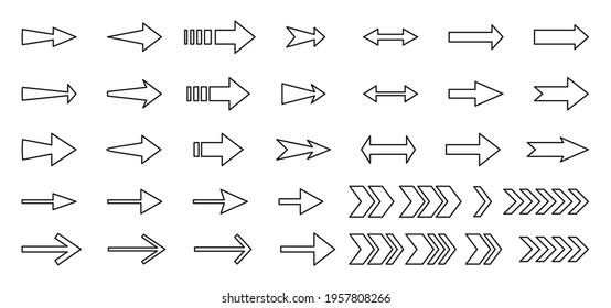 Big linear arrows black icon set. Collection contour cursor modern navigation. Direction sign graphic symbol left, right. Infographic element, interface pointer. Isolated on white vector illustration