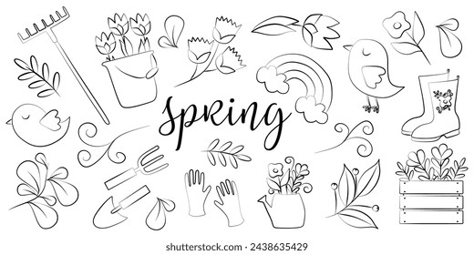 Big Linear Spring Set. Black and white collection of Design Elements for Gardening. Vector outline Illustration with Bird, flowers, Tools. Line art Coloring page, Contour Drawing for Card, Poster.