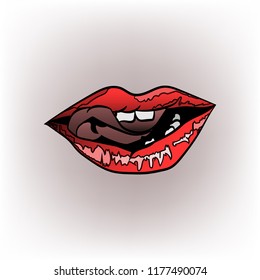 Big lips on white background. Sexy biting lips with tongue. Red mouth with white teeth isolated on white. Female beautiful lips with red lipstick. Vector illustration of sensual lips and ideal teeth