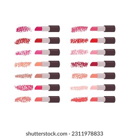 Big Lipstick set on white background and pink red and purple smears.