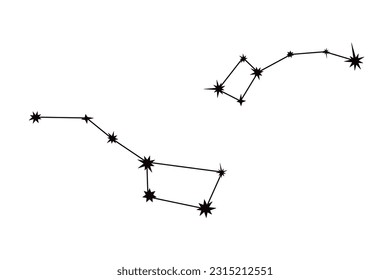 Big and Little Dipper constellation set simple doodle vector illustration, Ursa major and Minor astronomy symbol design element, stars connected with lines for kids goods, poster, card, invitation