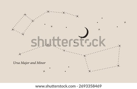 Big and Little Dipper constellation set simple doodle vector illustration, Ursa major and Minor astronomy symbol design element, stars, good for lines, poster, card, invitation, tattoo