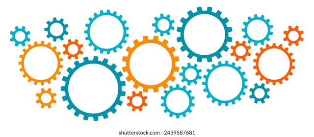 Big and little gears border graphics  horizontal. Vector illustration of cog wheel speech bubbles with copy space abstract background.