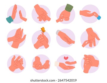 Big and little hands. Parents holding kids hands exact vector concept of baby care and protection