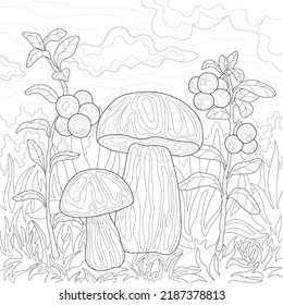 Big and little mushrooms in a tall grass, cranberries on branсhes with leaves, sky and clouds. Autumn illustration on a white isolated backrgound. For coloring book pages.