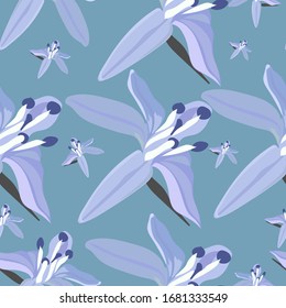 Big and little purple wildflowers on the blue background. Vector illustration. Flowers pattern for wallpaper. Spring mood.