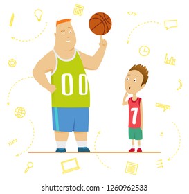 Big and little schoolboys at a physical education lesson. Senior and junior programmers concept. Big and small business concept. Vector illustration.