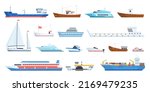 Big and little sea ships. Fishing boat cruise liner sail yacht, barge transporting ship types, ocean transport tanker sailboat steamboat motor vessel, neoteric vector illustration of cargo transport