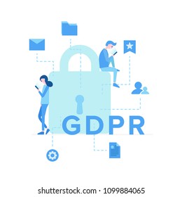 Big lock with mail documents settings icons vector illustration. Smiling boy and girl near lock using modern smartphone. Security concept. Isolated on white background