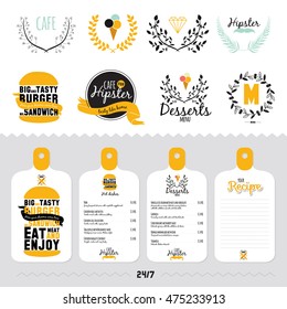 Big logo set of restaurant and cafe menu design. Template logotype in vector. Cooking icons, labels, wreathes and graphic elements in hipster style. Vintage illustration of fast food.