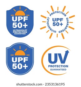 Big Logo Set of UV protection,  UV radiation icon. Ultraviolet symbol, badge, icon, stamp, symbol, health, cream, cloth, guaranteed, UPF 50+, 
textile, isolated illustration, design.