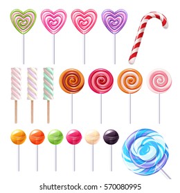 Big lollipops and marshmallow set - heart round spiral and candy cane vector illustration.