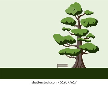 Big lonely tree and a bench in the park on the light background.
