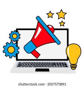Big Loudspeaker to Communicate with Audience. PR Agency Team work on Social Media Promotion. Public Relation, Digital Marketing and Media Concept. Flat Isometric Vector Illustration.