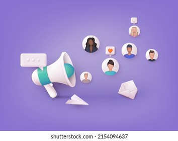 Big loudspeaker to communicate with audience. PR agency team work on Social Media Promotion. Public Relation, Digital Marketing and Media Concept. 3D Web Vector Illustrations.