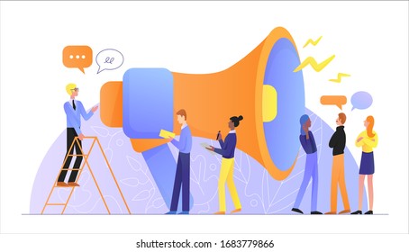 Big Loudspeaker megaphone talking to crowd people characters advertisement marketing company concept. Announcement, business communication, promotion, advertisement marketing