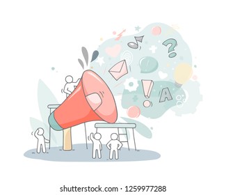 Big loudspeaker with working little people. Doodle cute miniature about business and teamwork. Hand drawn cartoon vector illustration.