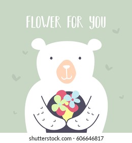 big lovable polar bear bring flower to his lover. awesome t-shirt, mug, bag lunchbox, wallpaper, wrapper, poster and banner flat design for kids. vector illustration