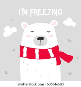 big lovable polar bear freezing alone. awesome t-shirt, mug, bag lunchbox, wallpaper, wrapper, poster and banner flat design for kids. vector illustration