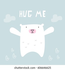 big lovable polar bear wanting a hug. awesome t-shirt, mug, bag lunchbox, wallpaper, wrapper, poster and banner flat design for kids. vector illustration