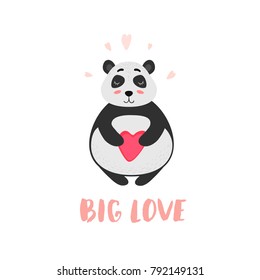 Big love. Cute Panda with a heart in love. Vector illustration for Valentine's day.