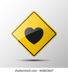 Big Love Icon. yellow diamond empty road sign with a black border and an image passionate heart on white background. Vector Illustration