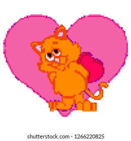 Big Love. Kitten in love. Vector illustration. Pixel art