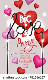 Big Love party with hearts  and sparklers. Vector illustration
