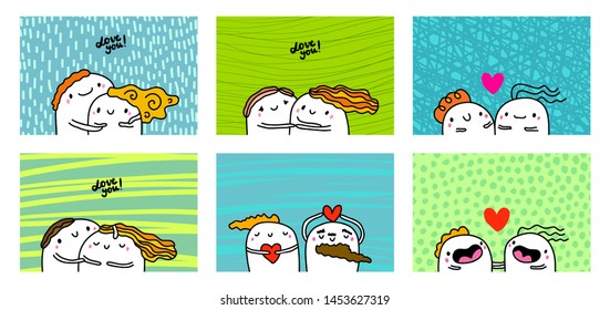Big love set, cards posters for valentine's day. Happy couples together. Sweet hand drawn illustrations vibrant colors