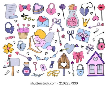 Big love set. Hand drawn vector doodle love theme. Valentine's Day Icon