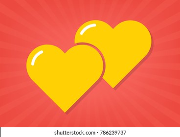 Big love two yellow hearts on red sunray background. Vector illustration love valentine concept.
