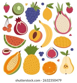 Big lovely cartoon set with summertime fruits and berries. Hand drawn clipart of tropical, exotic, farming sweet food for print, social media, packaging, restaurant menu. Grape, peach, pear, mango.