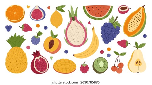Big lovely cartoon set with summery tropical fruits and berries. Hand drawn clipart of exotic yummy watermelon, kiwi, orange, lemon, papaya for print, social media, packaging, restaurant menu, poster.