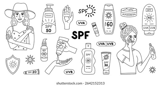 Big lovely outline set about SPF protection with women applying sunscreen, different tubes and bottles of sunblock. Protective cosmetic doodle against ultraviolet rays isolated on white background.