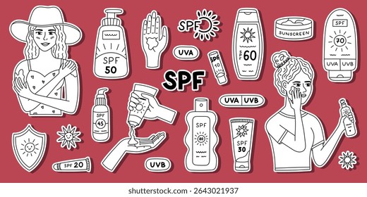 Big lovely outline sticker set about SPF protection for planners, notebooks, scrapbook. Ready for print list of hand drawn sticker layout with women applying sunscreen, tubes and bottles of sunblock.