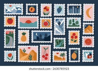 Big lovely sticker list with cartoon postage stamp with picturesque travelling scenery, fruits, flowers for planners, notebooks. Ready for print sheet of postage stickers with desert, mountains.