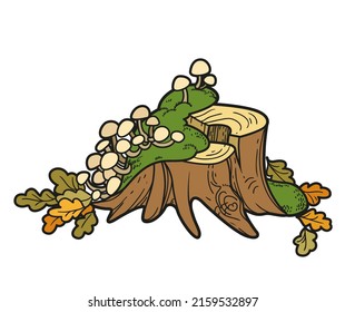 Big low stump with moss, poisonous mushrooms and sprinkled with oak leaves  color variation for coloring page isolated on white background