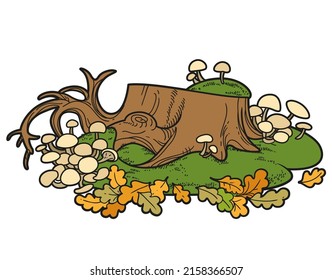 Big low stump with toadstools and moss sprinkled with oak leaves color variation for coloring page isolated on white background