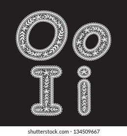 Big and lowercase letters E and F are written in white lace. Lace font for the inscriptions.