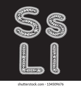 Big and lowercase letters s and f are written in white lace. Lace font for the inscriptions.