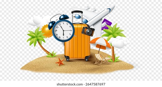 big luggage,airplane,alarm clock with other traveling objects with beautiful island clip art design isolated on the transparent background vector illustration.holiday travel concept design element. - Powered by Shutterstock - Get 15% off with code: PIKWIZARD15